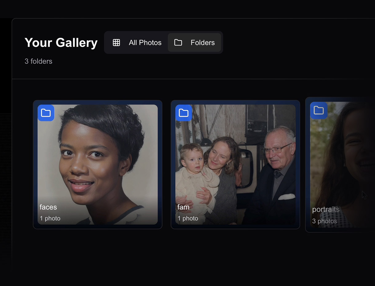 Detailed photo organization interface with tagging, before/after comparison, and management tools